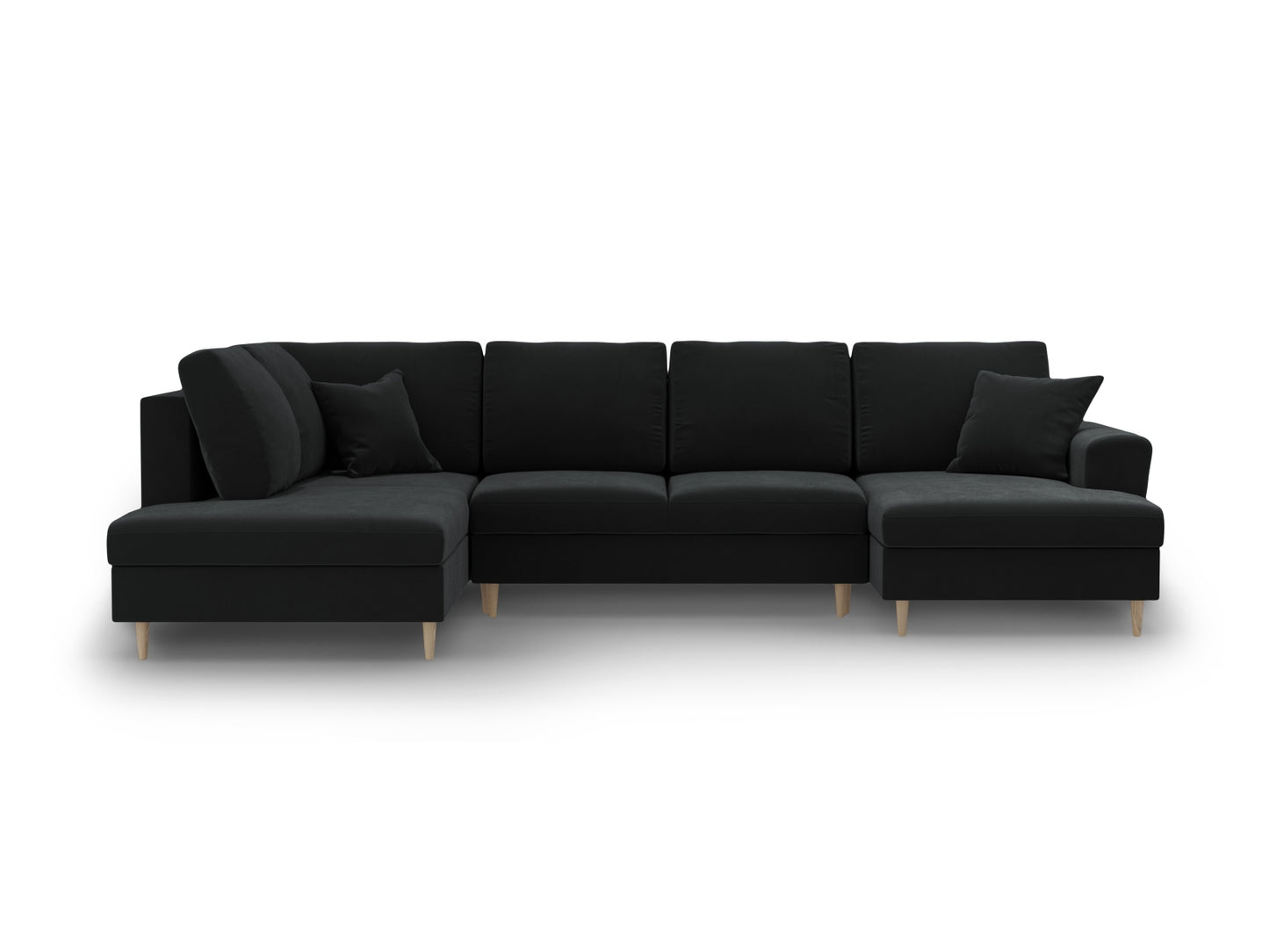 Kyoto Panoramic Corner Sofa With Bed Function And Box, 7 Seats, 313x194 cm — Black / Natural Beech Wood / Left