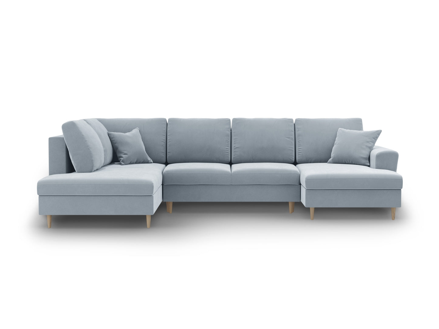 Kyoto Panoramic Corner Sofa With Bed Function And Box, 7 Seats, 313x194 cm — Light Blue / Natural Beech Wood / Left