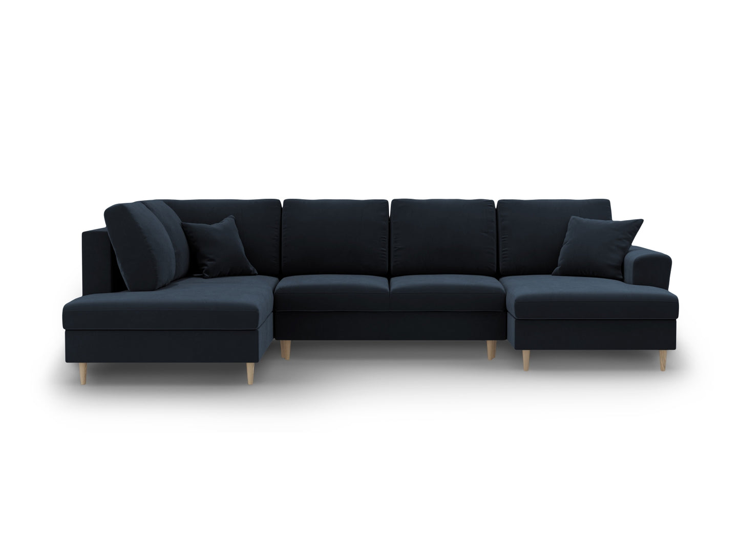 Kyoto Panoramic Corner Sofa With Bed Function And Box, 7 Seats, 313x194 cm — Dark Blue / Natural Beech Wood / Left