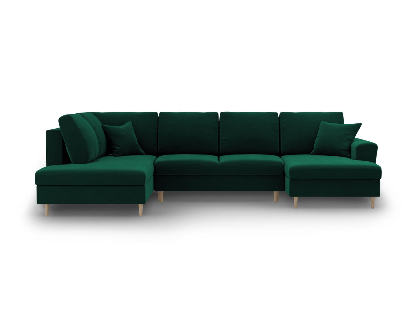 Kyoto Panoramic Corner Sofa With Bed Function And Box, 7 Seats, 313x194 cm — Bottle Green / Natural Beech Wood / Left