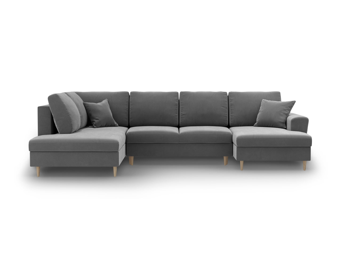 Kyoto Panoramic Corner Sofa With Bed Function And Box, 7 Seats, 313x194 cm — Light Grey / Natural Beech Wood / Left