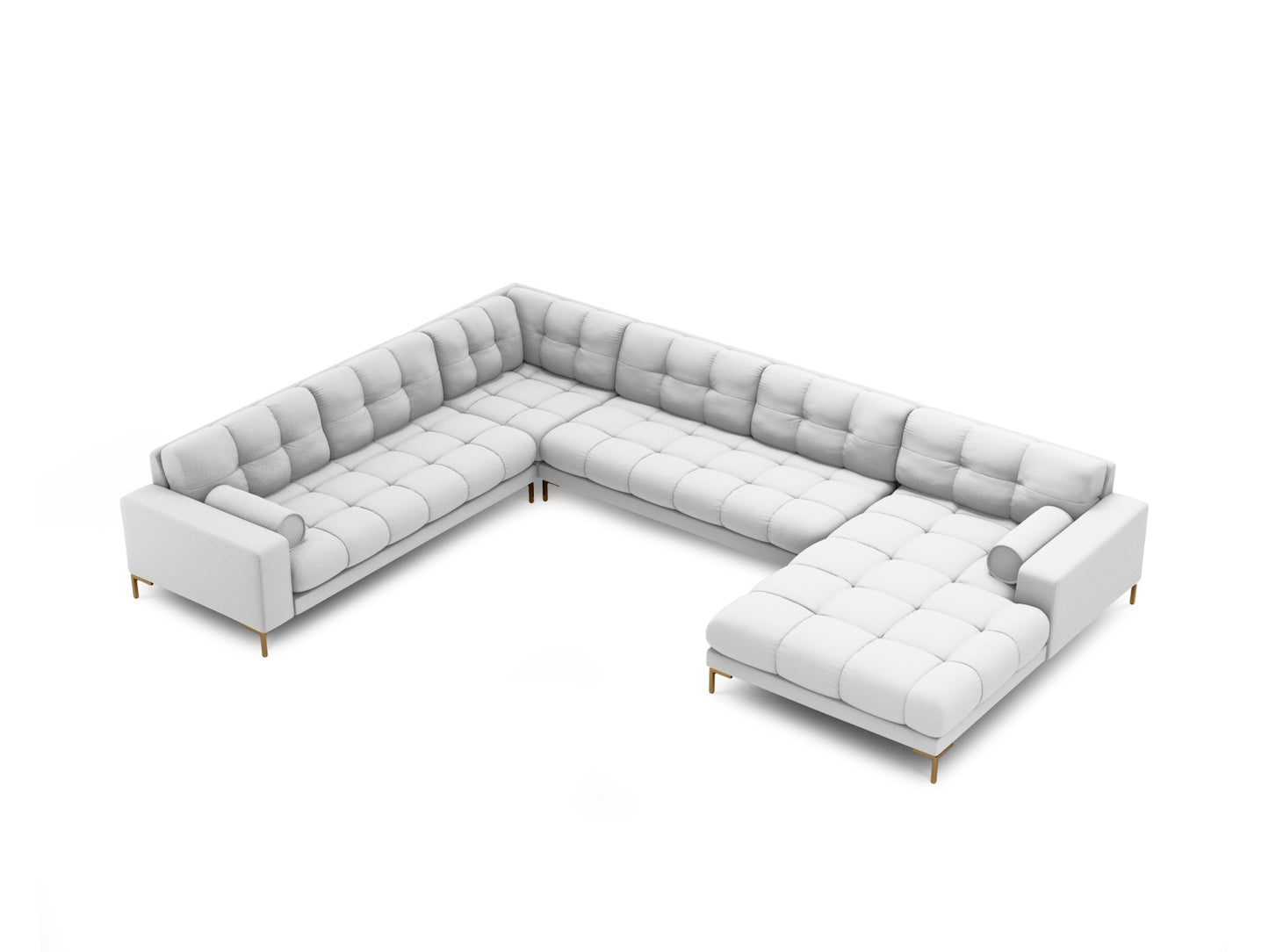 Bali Panoramic Corner Sofa, 7 Seats, 327x256 cm — Light Grey / Gold Metal / Left