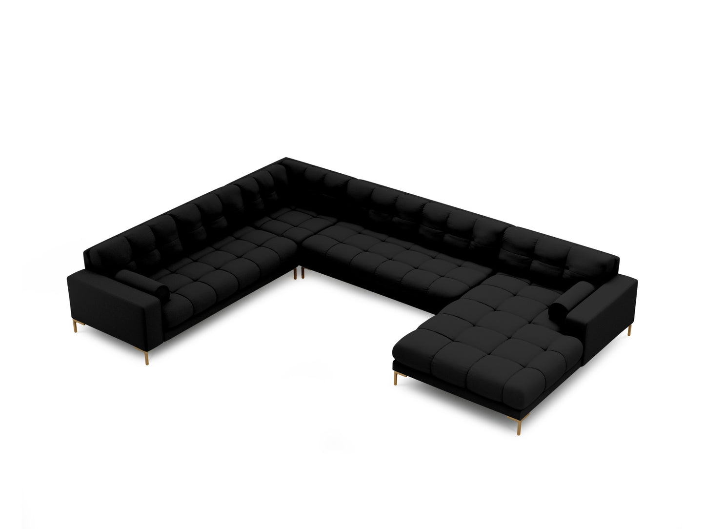 Bali Panoramic Corner Sofa, 7 Seats, 327x256 cm — Black / Gold Metal / Left