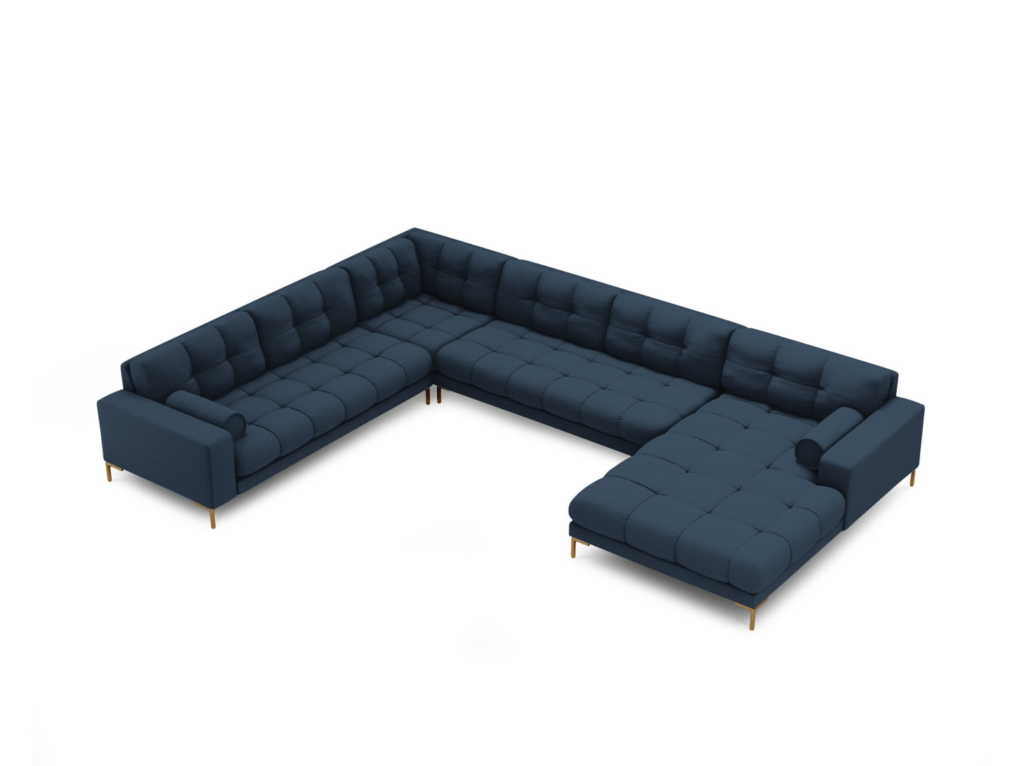 Bali Panoramic Corner Sofa, 7 Seats, 327x256 cm — Blue / Gold Metal / Left