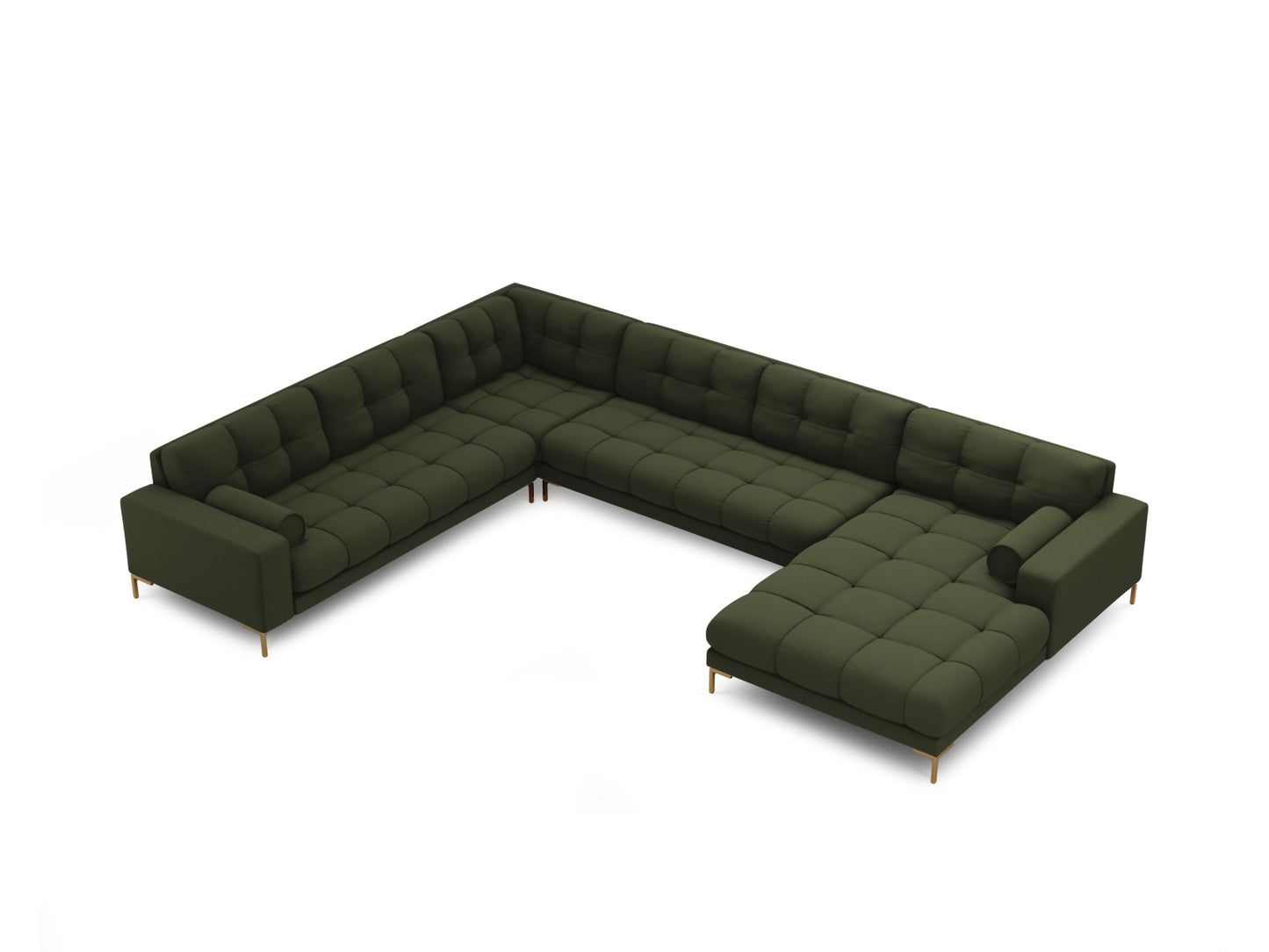 Bali Panoramic Corner Sofa, 7 Seats, 327x256 cm — Green / Gold Metal / Left