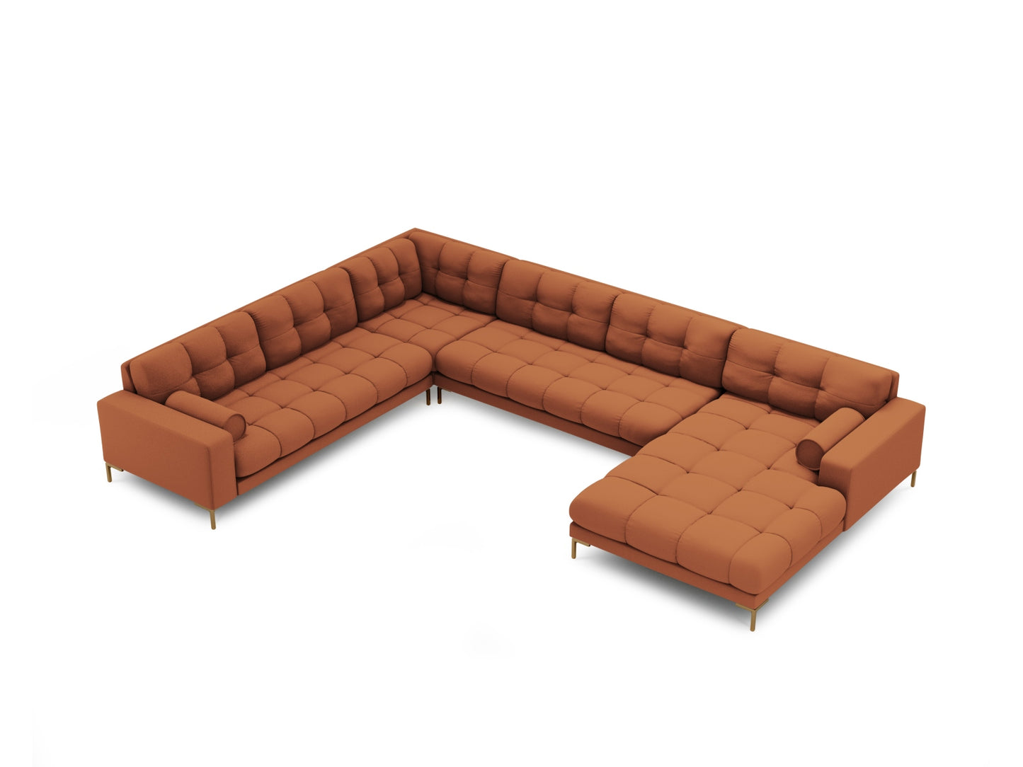 Bali Panoramic Corner Sofa, 7 Seats, 327x256 cm — Brick / Gold Metal / Left