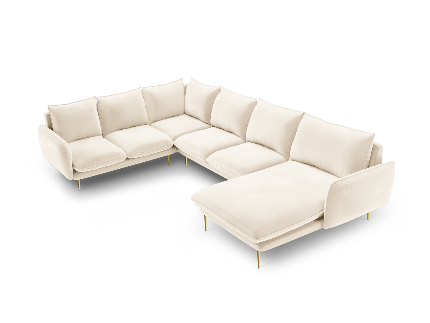 Vienna Panoramic Corner Sofa, 7 Seats, 330x235 cm — Light Beige / Gold Metal / Left