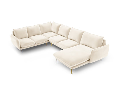 Vienna Panoramic Corner Sofa, 7 Seats, 330x235 cm — Light Beige / Gold Metal / Left