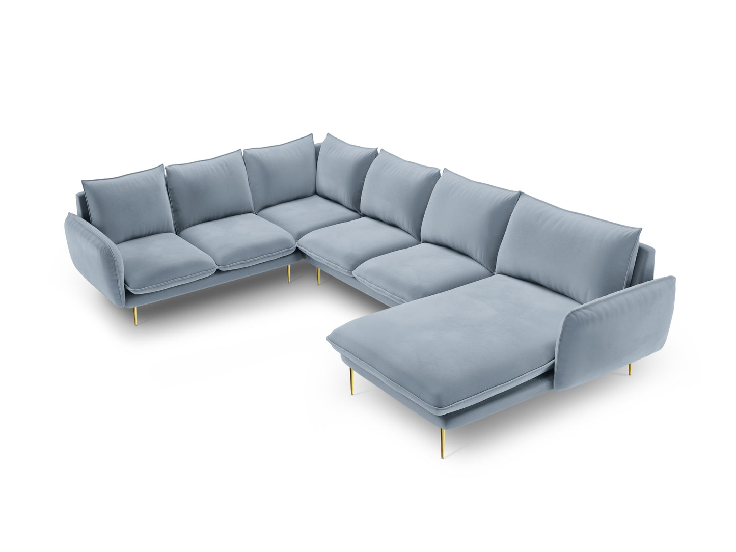 Vienna Panoramic Corner Sofa, 7 Seats, 330x235 cm — Light Blue / Gold Metal / Left