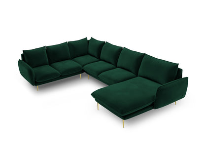 Vienna Panoramic Corner Sofa, 7 Seats, 330x235 cm — Bottle Green / Gold Metal / Left