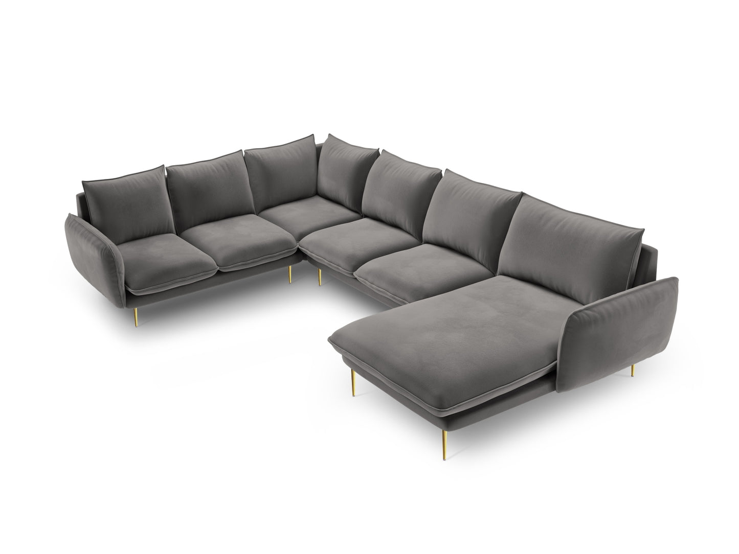 Vienna Panoramic Corner Sofa, 7 Seats, 330x235 cm — Light Grey / Gold Metal / Left