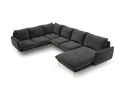 Vienna Panoramic Corner Sofa, 7 Seats, 330x235 cm — Dark Grey / Gold Metal / Left