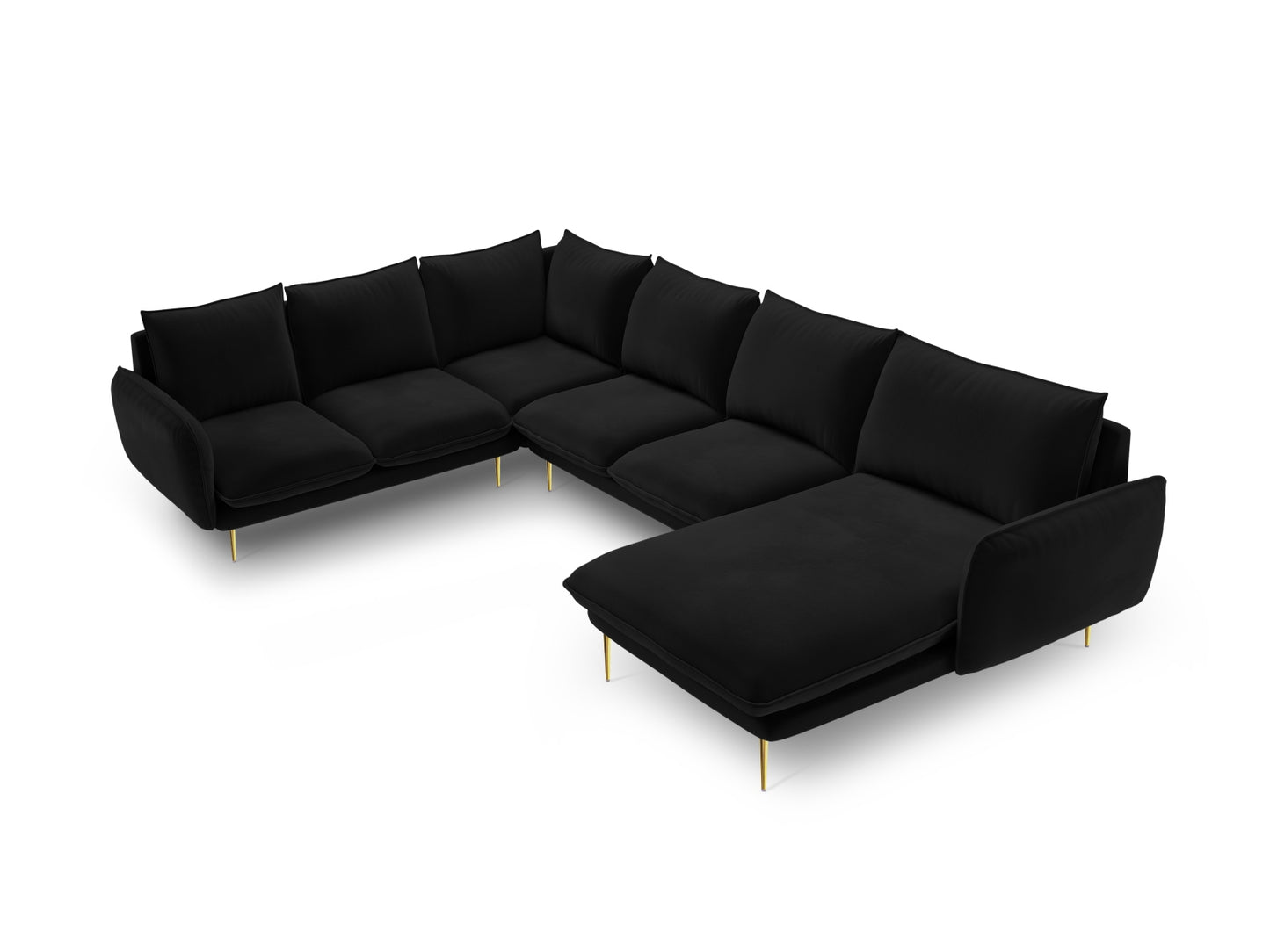 Vienna Panoramic Corner Sofa, 7 Seats, 330x235 cm — Black / Gold Metal / Left