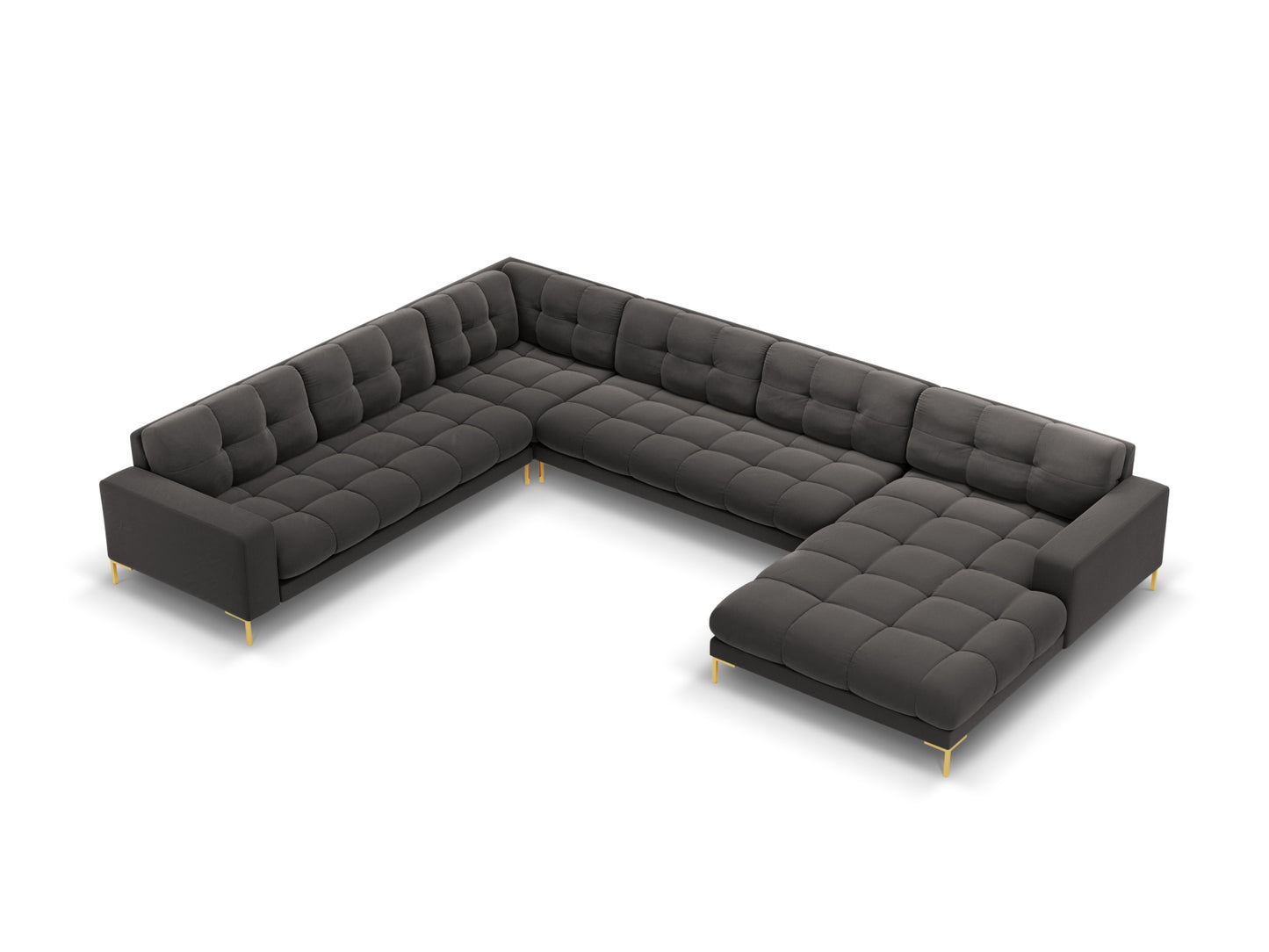 Bali Panoramic Corner Sofa, 7 Seats, 327x256 cm — Dark Grey / Gold Metal / Left