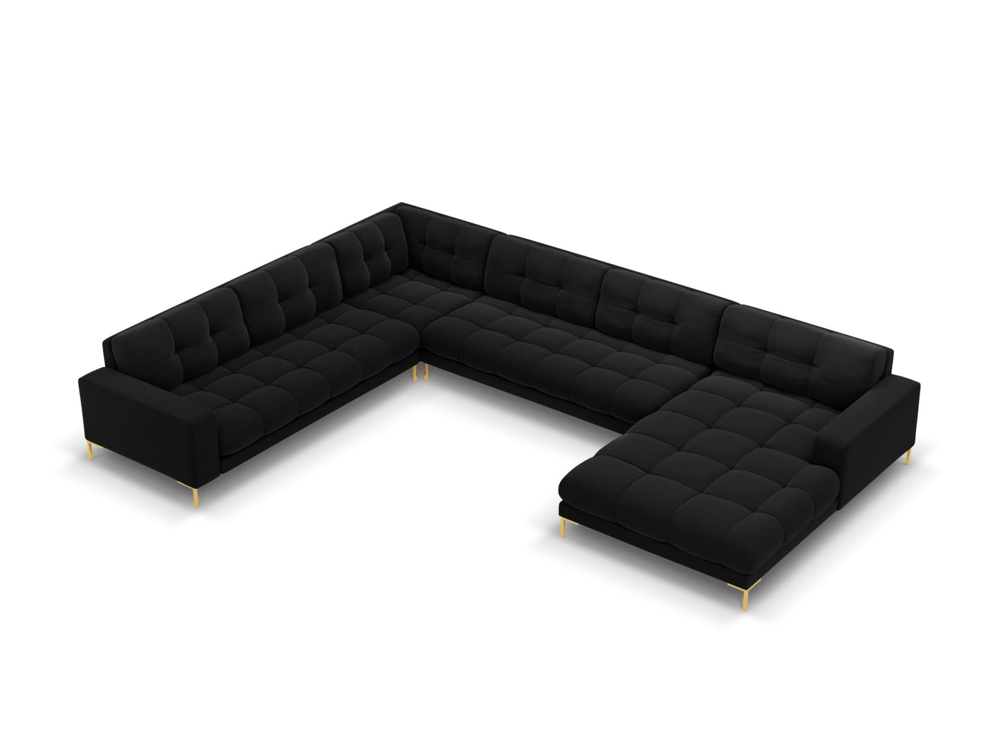 Bali Panoramic Corner Sofa, 7 Seats, 327x256 cm — Black / Gold Metal / Left