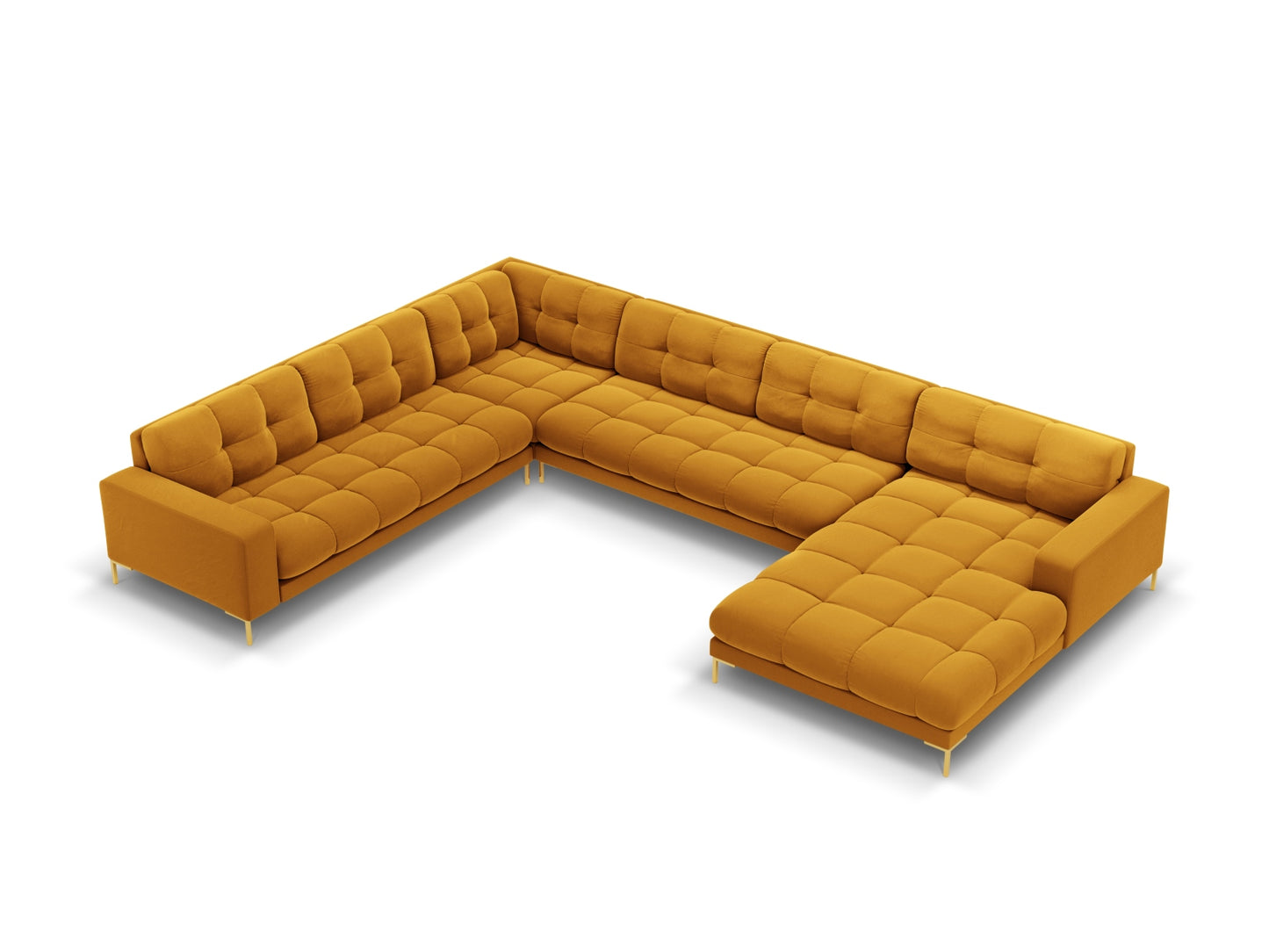 Bali Panoramic Corner Sofa, 7 Seats, 327x256 cm — Yellow / Gold Metal / Left