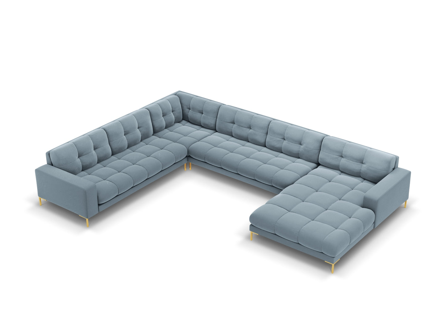 Bali Panoramic Corner Sofa, 7 Seats, 327x256 cm — Light Blue / Gold Metal / Left