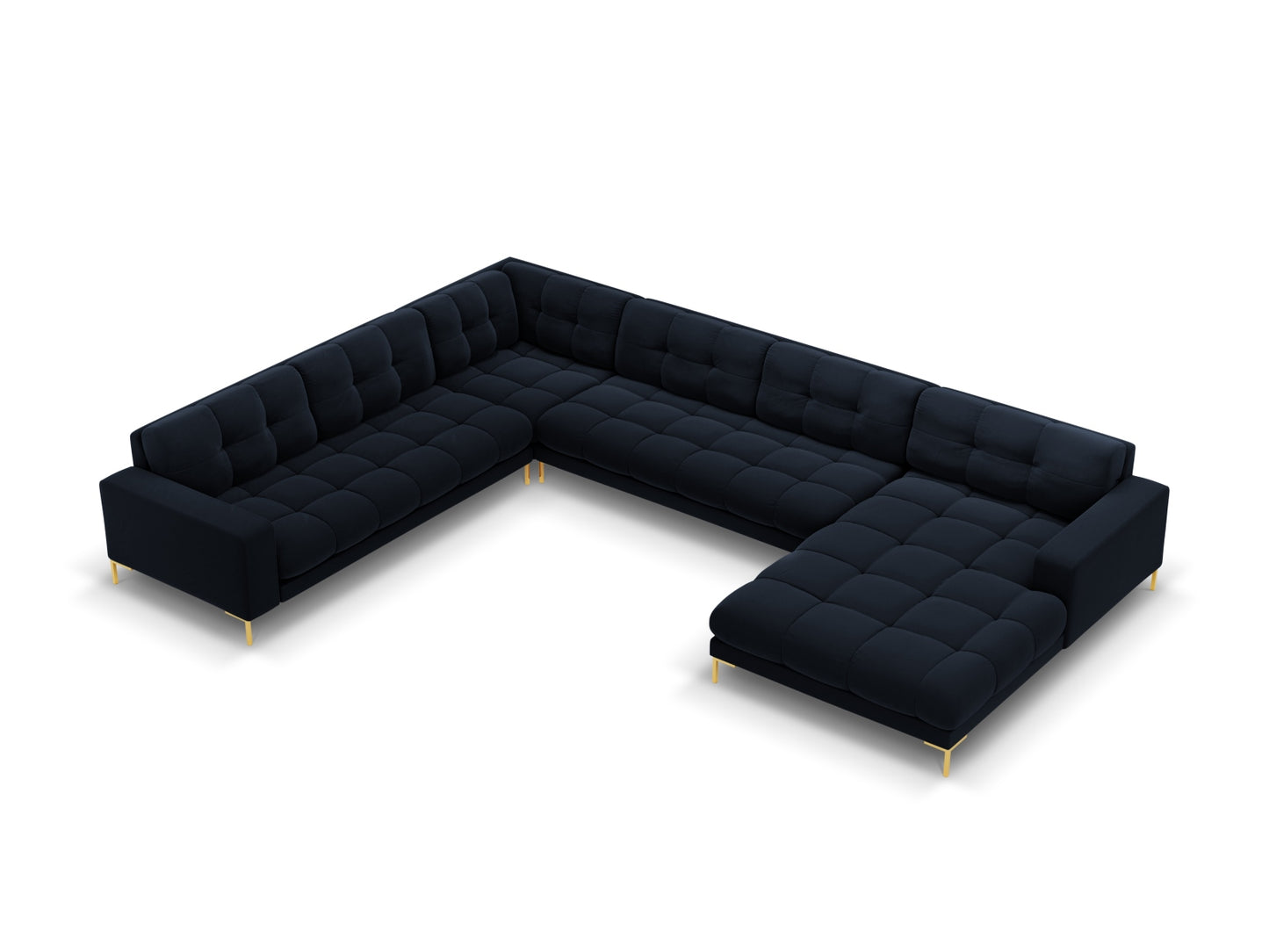 Bali Panoramic Corner Sofa, 7 Seats, 327x256 cm — Dark Blue / Gold Metal / Left