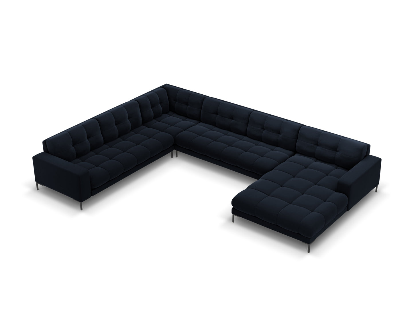 Bali Panoramic Corner Sofa, 7 Seats, 327x256 cm — Dark Blue / Black Metal / Left