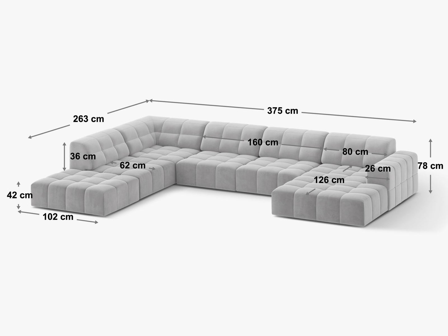 Chicago Panoramic Corner Sofa, 7 Seats, 375x263 cm
