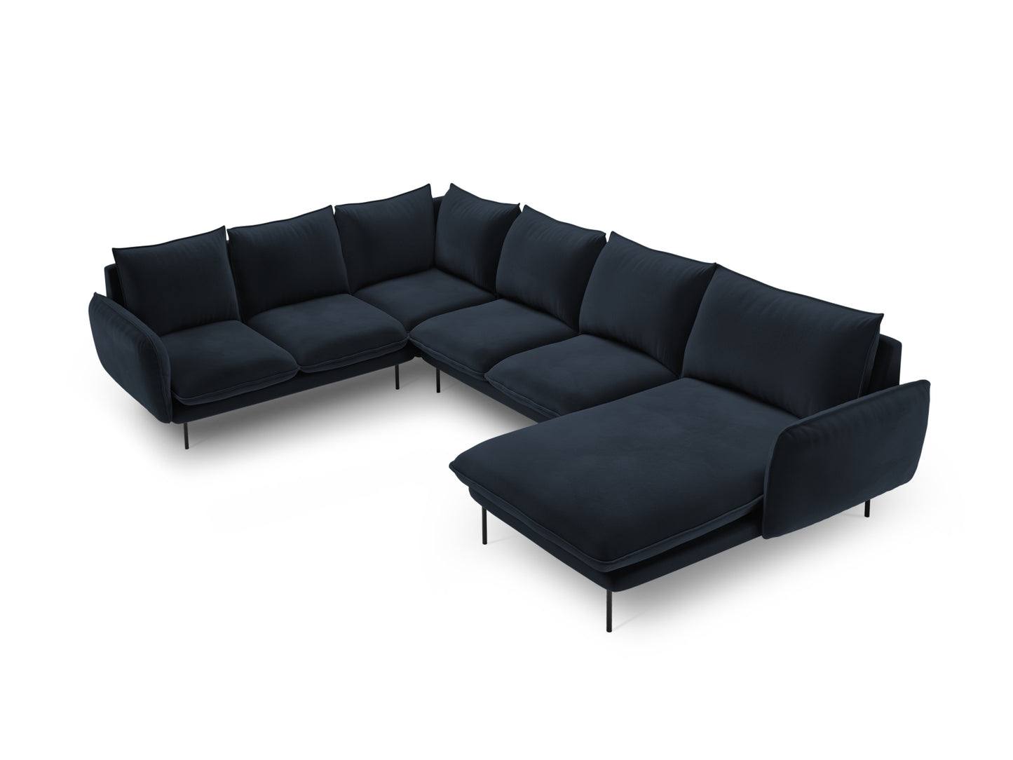 Vienna Panoramic Corner Sofa, 7 Seats, 330x235 cm — Dark Blue / Black Metal / Left