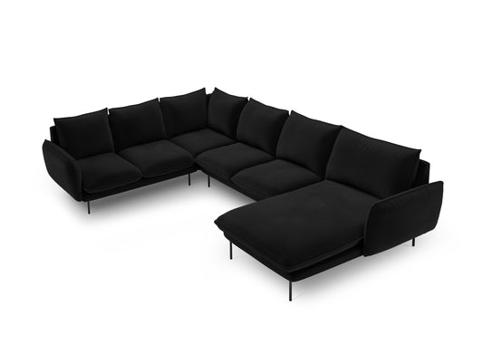 Vienna Panoramic Corner Sofa, 7 Seats, 330x235 cm — Black / Black Metal / Left