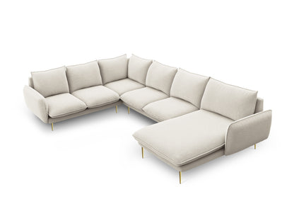 Vienna Panoramic Corner Sofa, 7 Seats, 330x235 cm — Light Beige / Gold Metal / Left