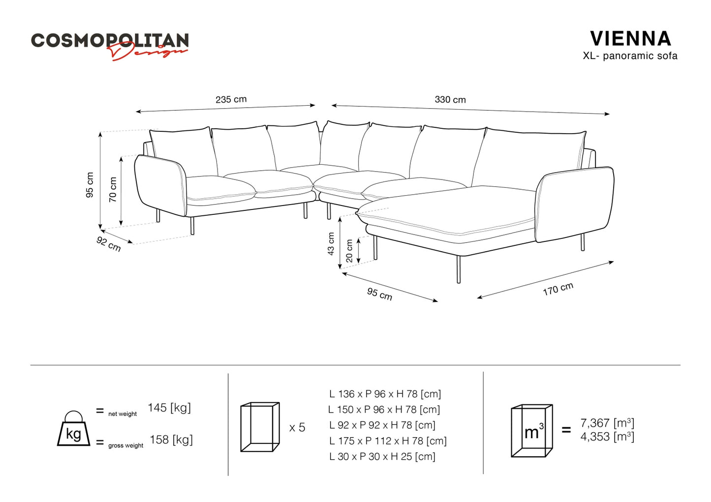 Vienna Panoramic Corner Sofa, 7 Seats, 330x235 cm