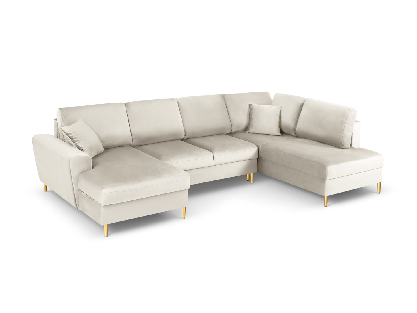 Kyoto Panoramic Corner Sofa With Bed Function And Box, 7 Seats, 313x194 cm — Light Beige / Gold Metal / Right