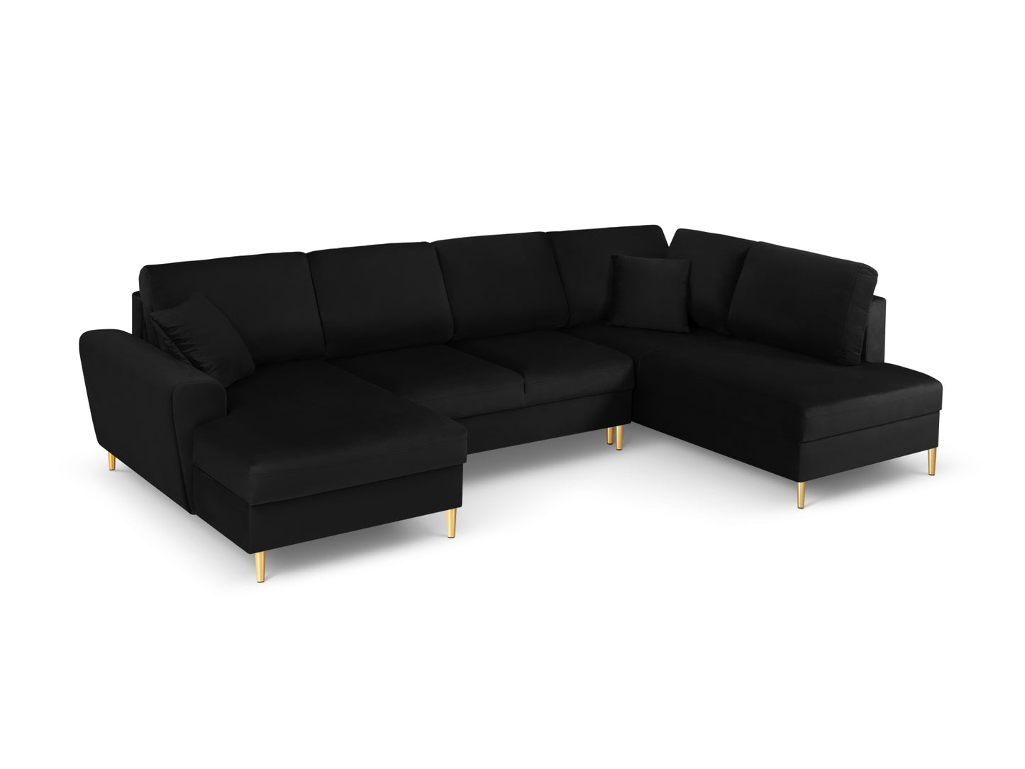 Kyoto Panoramic Corner Sofa With Bed Function And Box, 7 Seats, 313x194 cm — Black / Gold Metal / Right