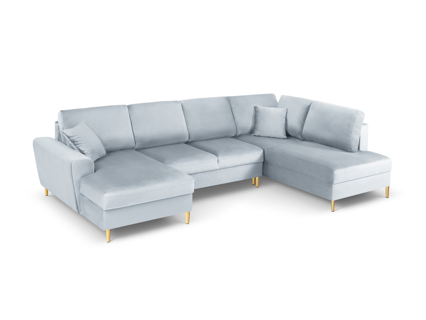 Kyoto Panoramic Corner Sofa With Bed Function And Box, 7 Seats, 313x194 cm — Light Blue / Gold Metal / Right