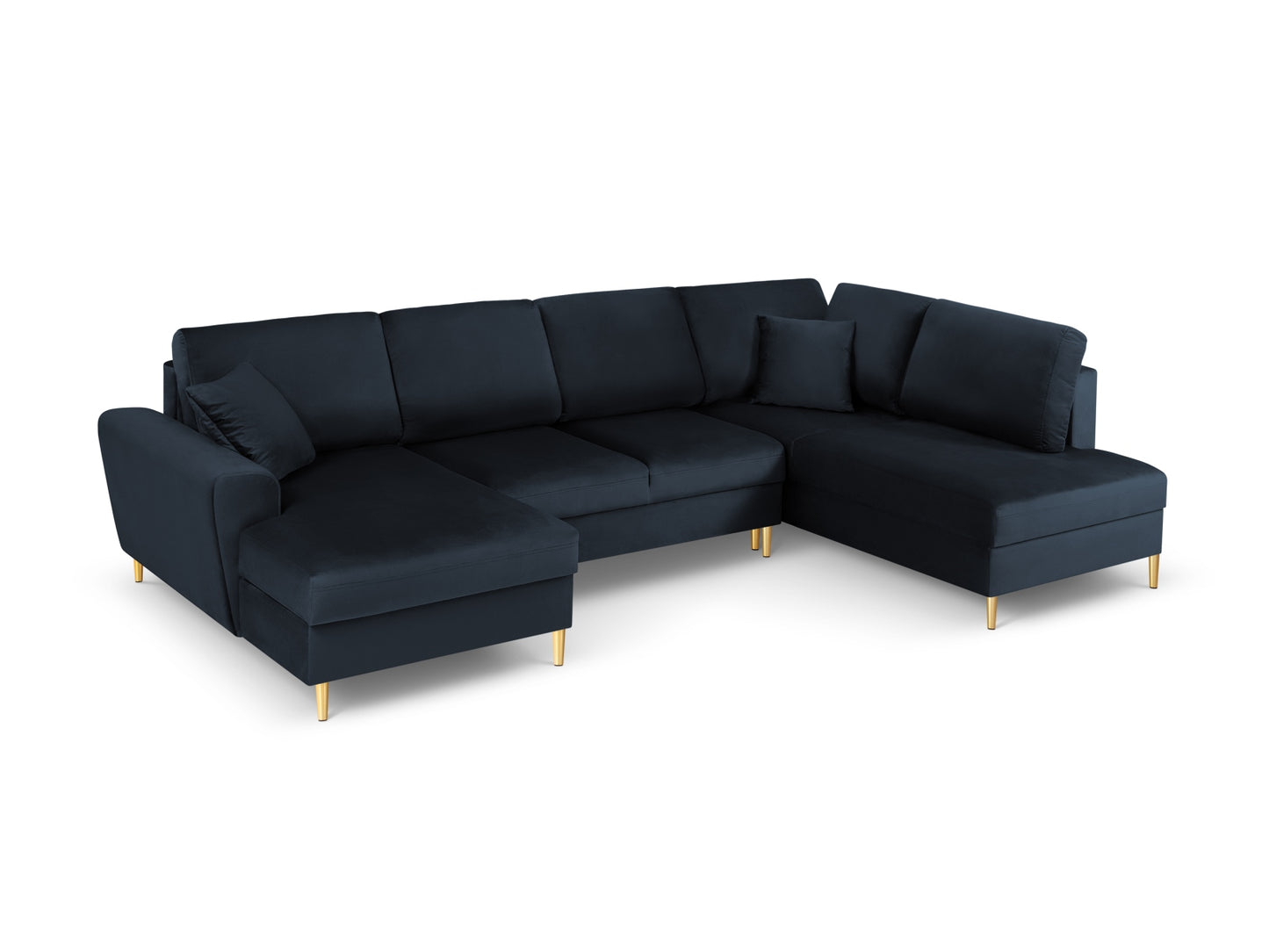 Kyoto Panoramic Corner Sofa With Bed Function And Box, 7 Seats, 313x194 cm — Dark Blue / Gold Metal / Right