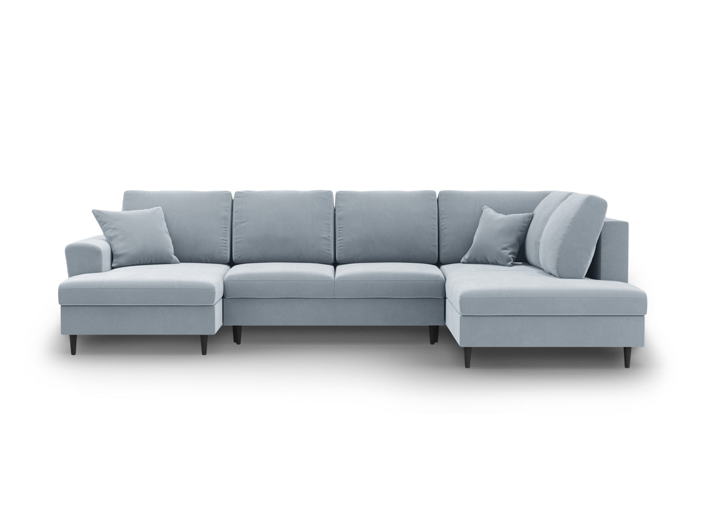 Kyoto Panoramic Corner Sofa With Bed Function And Box, 7 Seats, 313x194 cm — Light Blue / Black Beech Wood / Right