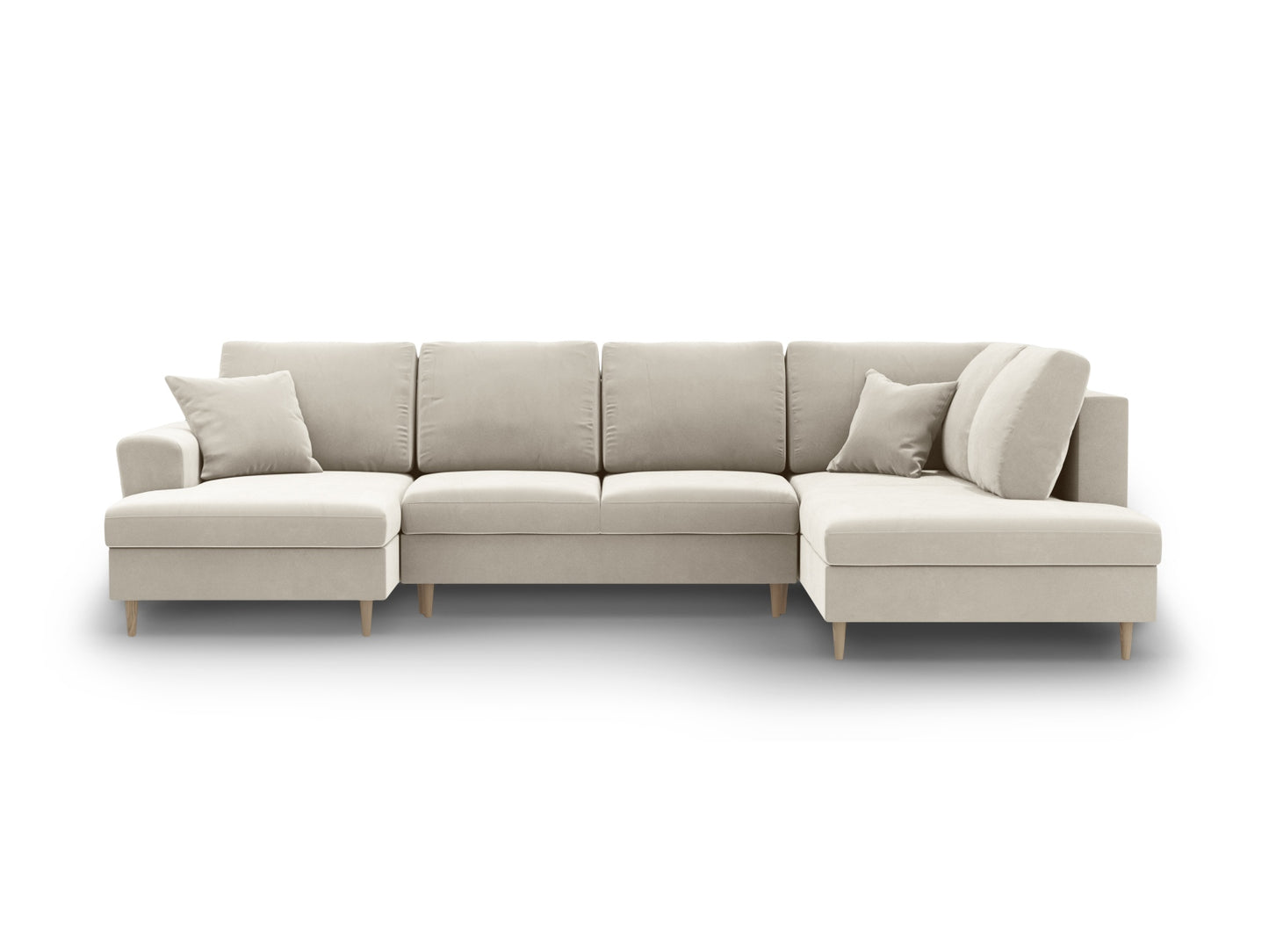 Kyoto Panoramic Corner Sofa With Bed Function And Box, 7 Seats, 313x194 cm — Light Beige / Natural Beech Wood / Right