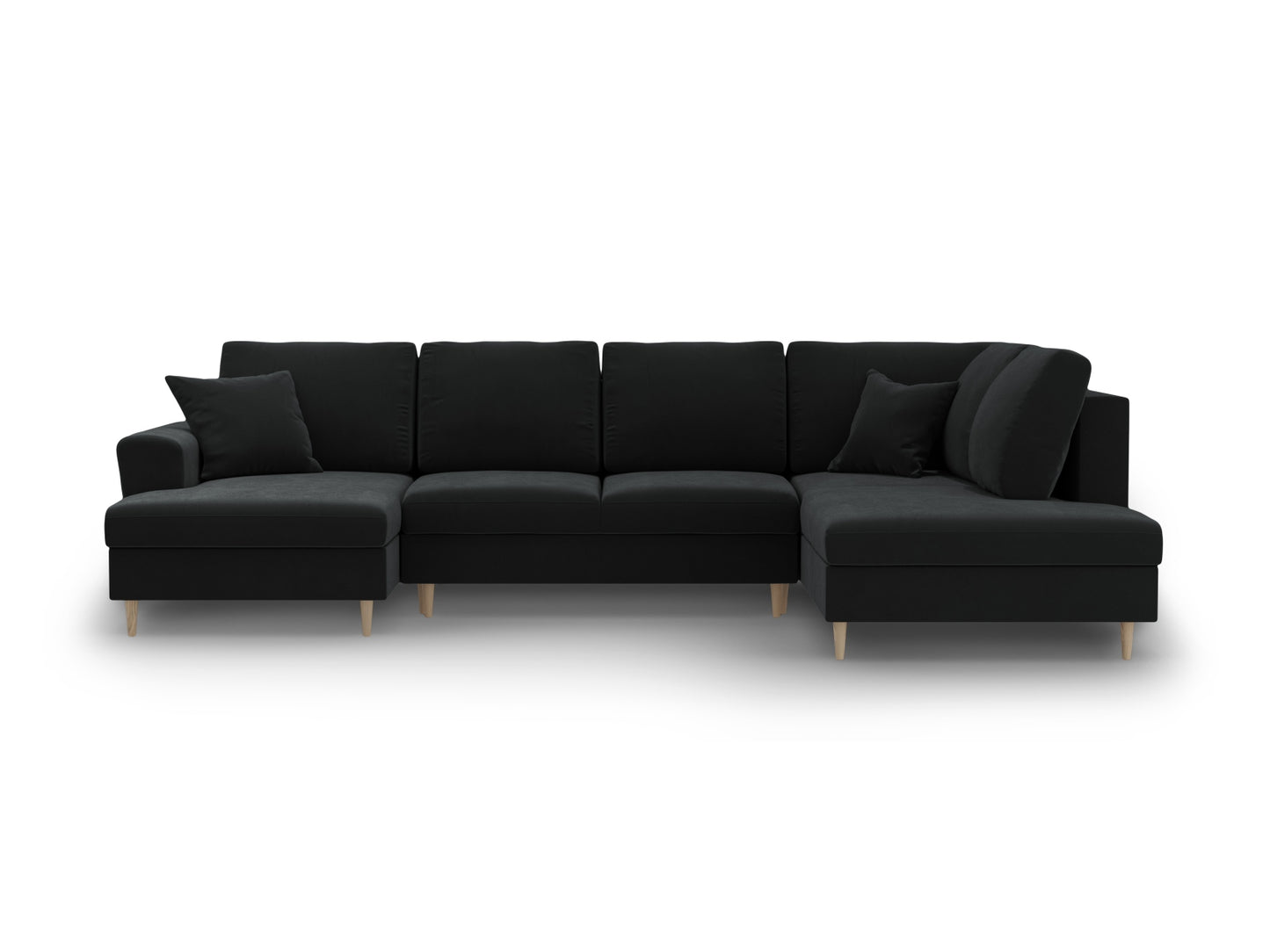 Kyoto Panoramic Corner Sofa With Bed Function And Box, 7 Seats, 313x194 cm — Black / Natural Beech Wood / Right