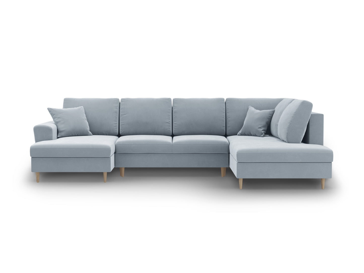 Kyoto Panoramic Corner Sofa With Bed Function And Box, 7 Seats, 313x194 cm — Light Blue / Natural Beech Wood / Right