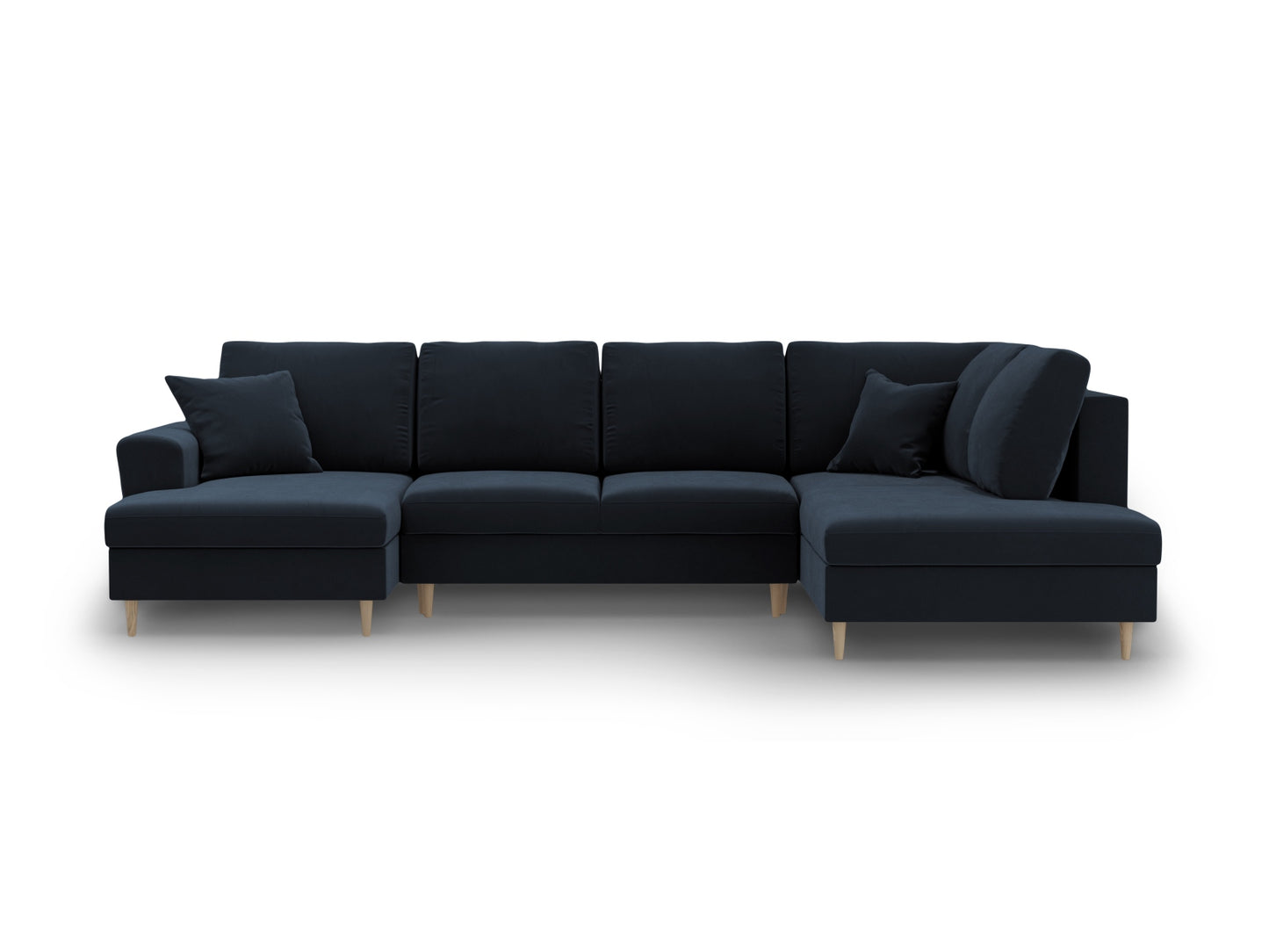 Kyoto Panoramic Corner Sofa With Bed Function And Box, 7 Seats, 313x194 cm — Dark Blue / Natural Beech Wood / Right