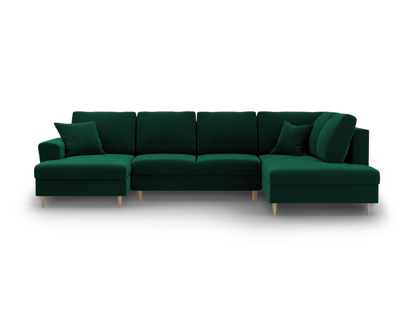 Kyoto Panoramic Corner Sofa With Bed Function And Box, 7 Seats, 313x194 cm — Bottle Green / Natural Beech Wood / Right