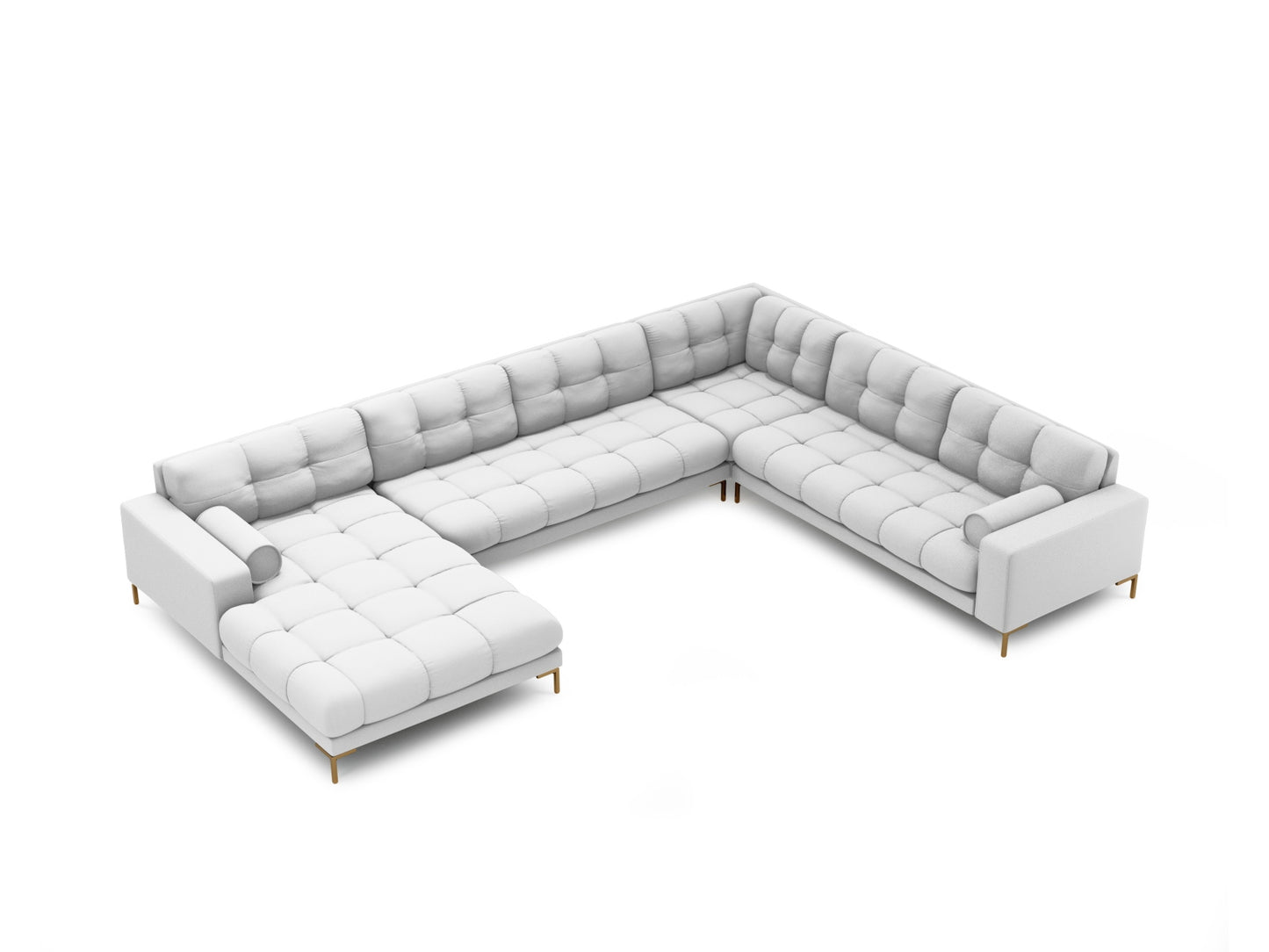 Bali Panoramic Corner Sofa, 7 Seats, 327x256 cm — Light Grey / Gold Metal / Right