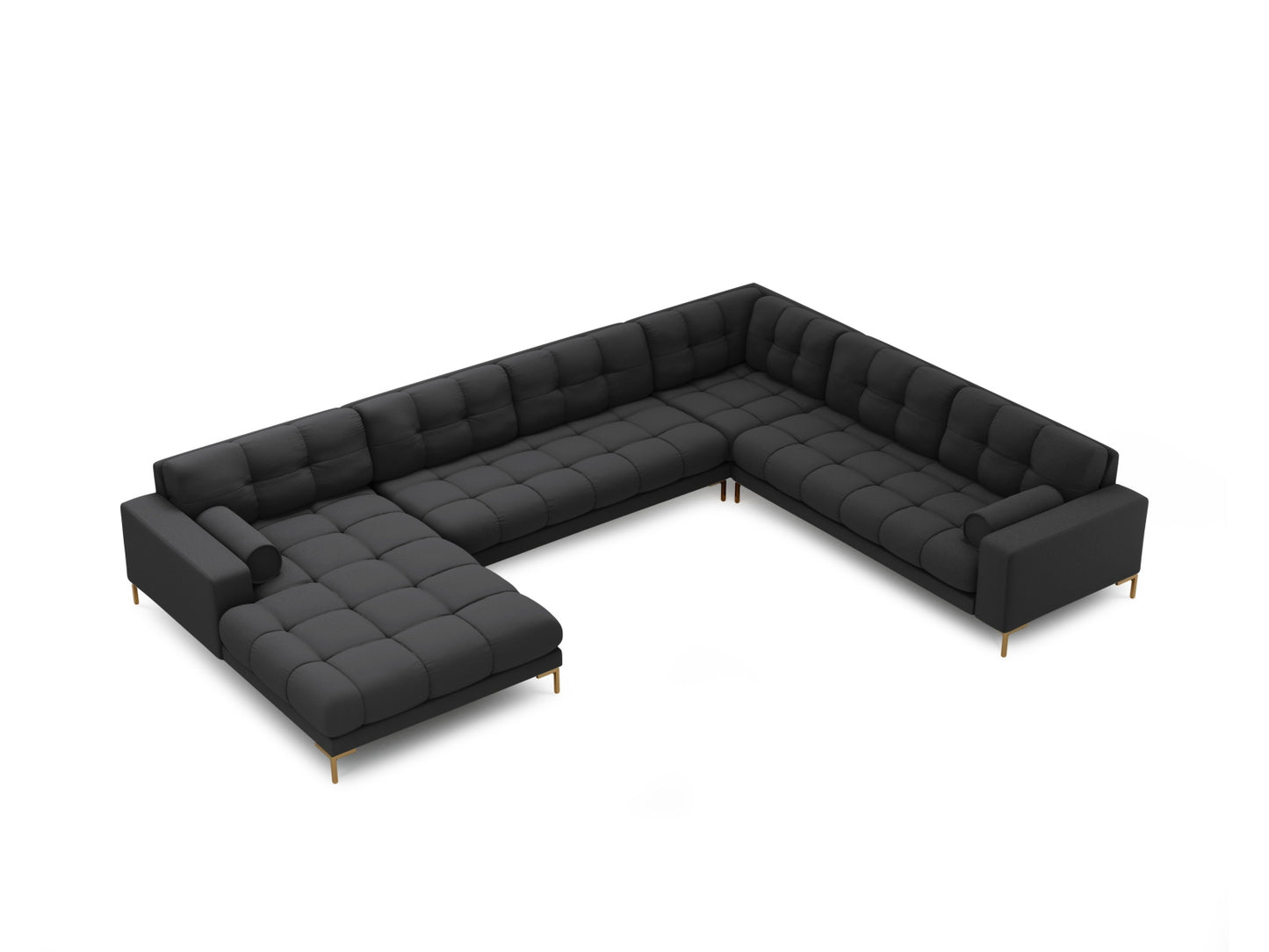 Bali Panoramic Corner Sofa, 7 Seats, 327x256 cm — Dark Grey / Gold Metal / Right