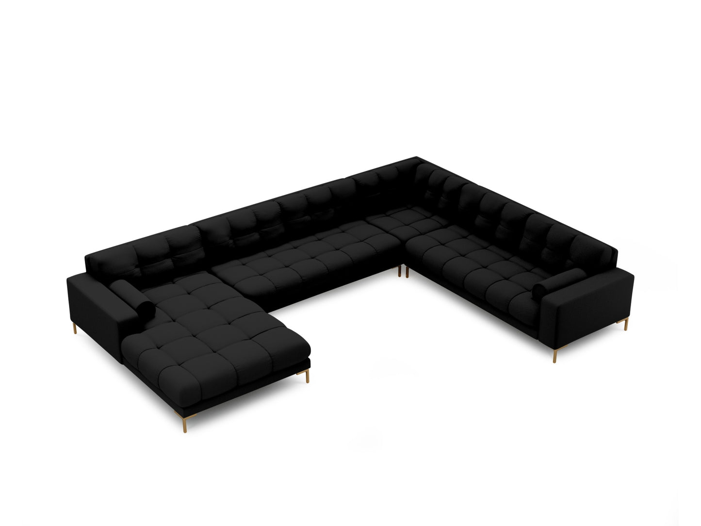 Bali Panoramic Corner Sofa, 7 Seats, 327x256 cm — Black / Gold Metal / Right