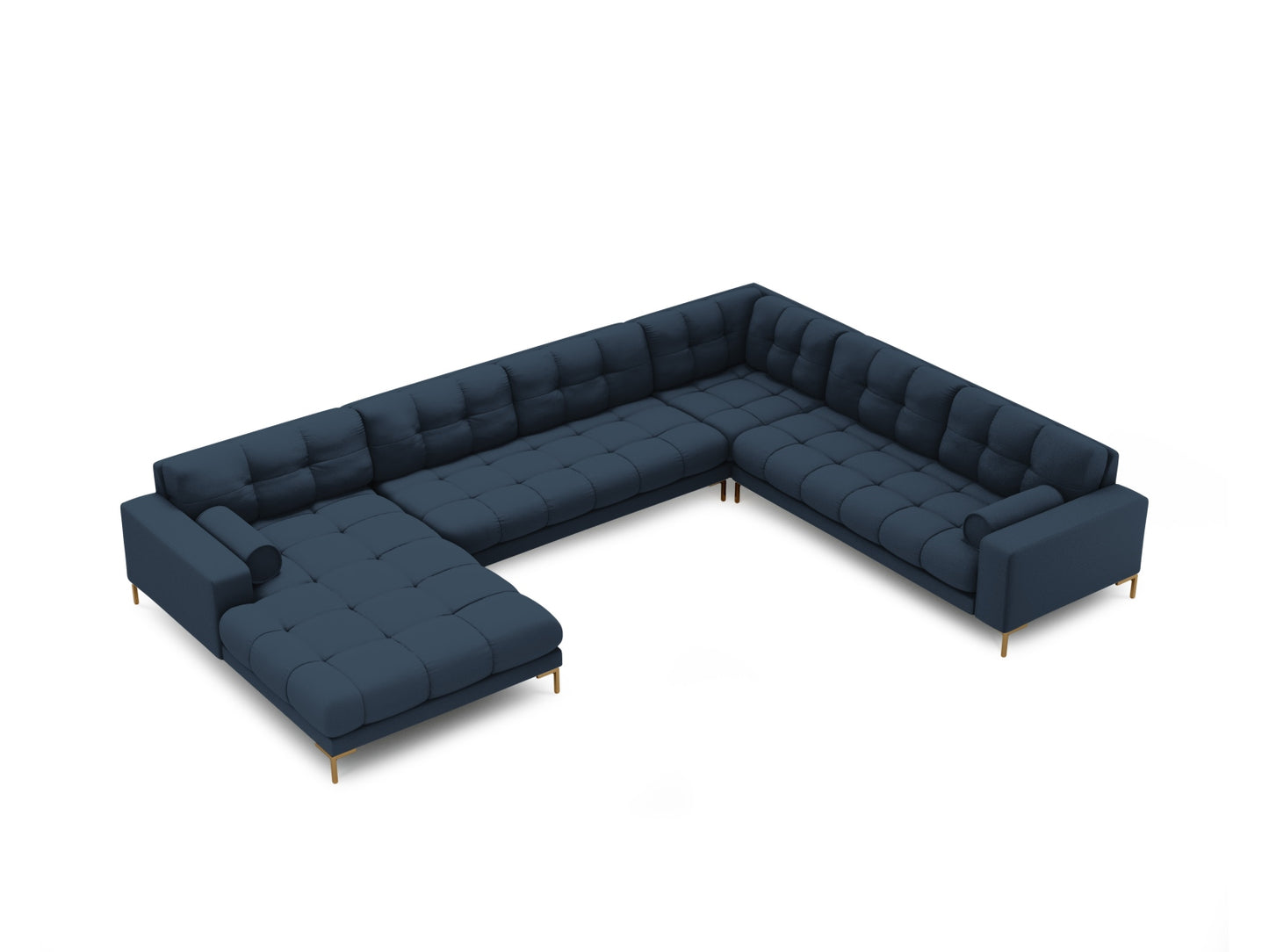 Bali Panoramic Corner Sofa, 7 Seats, 327x256 cm — Blue / Gold Metal / Right