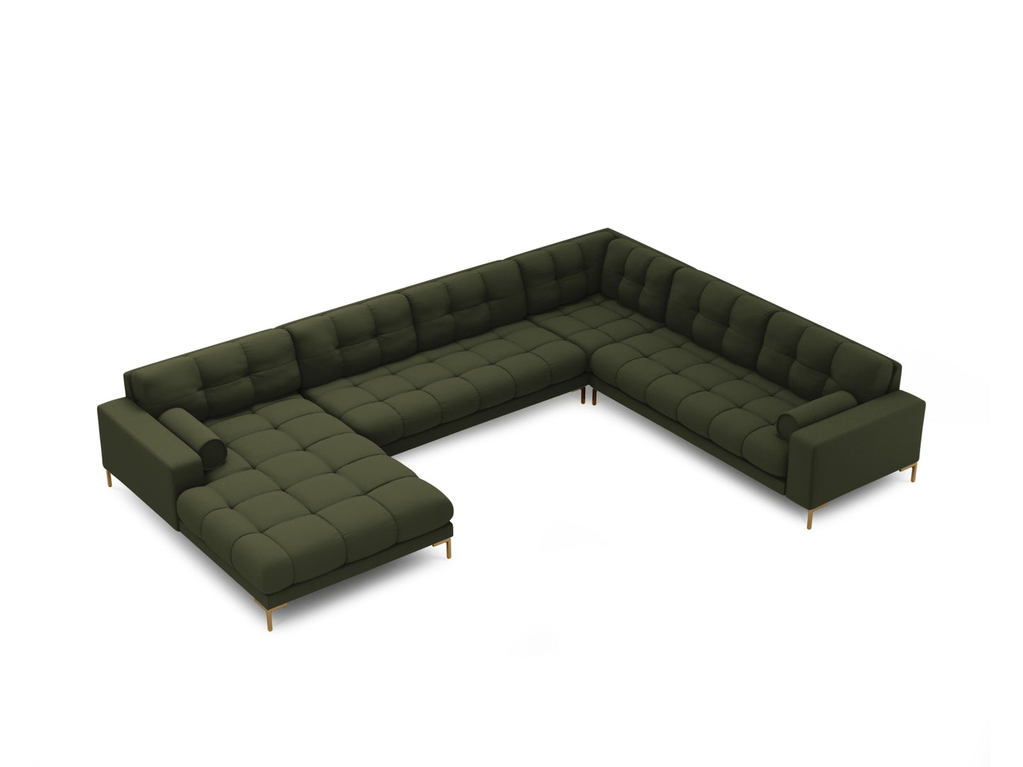 Bali Panoramic Corner Sofa, 7 Seats, 327x256 cm — Green / Gold Metal / Right