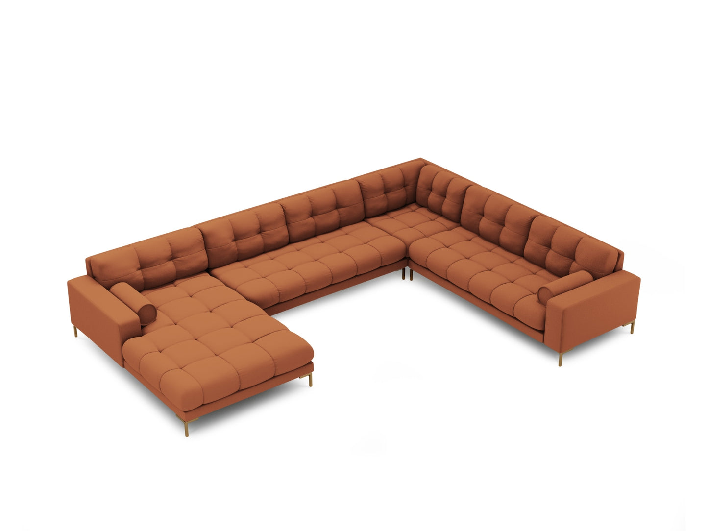 Bali Panoramic Corner Sofa, 7 Seats, 327x256 cm — Brick / Gold Metal / Right