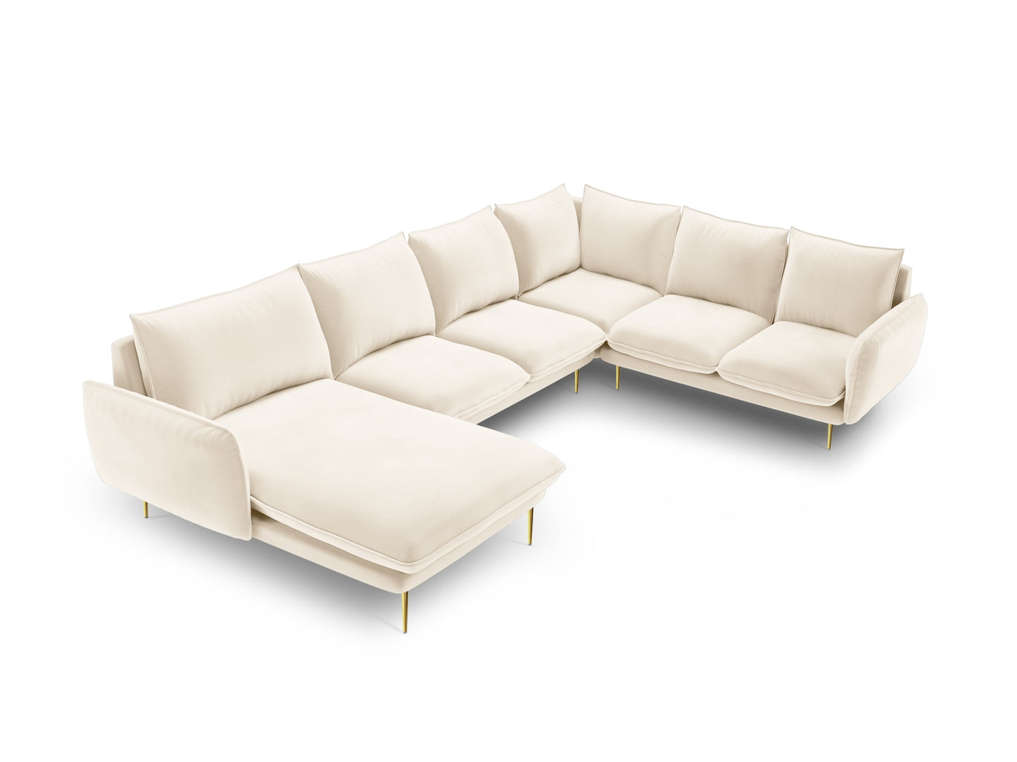 Vienna Panoramic Corner Sofa, 7 Seats, 330x235 cm — Light Beige / Gold Metal / Right