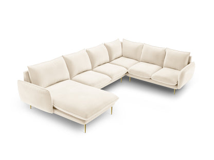 Vienna Panoramic Corner Sofa, 7 Seats, 330x235 cm — Light Beige / Gold Metal / Right