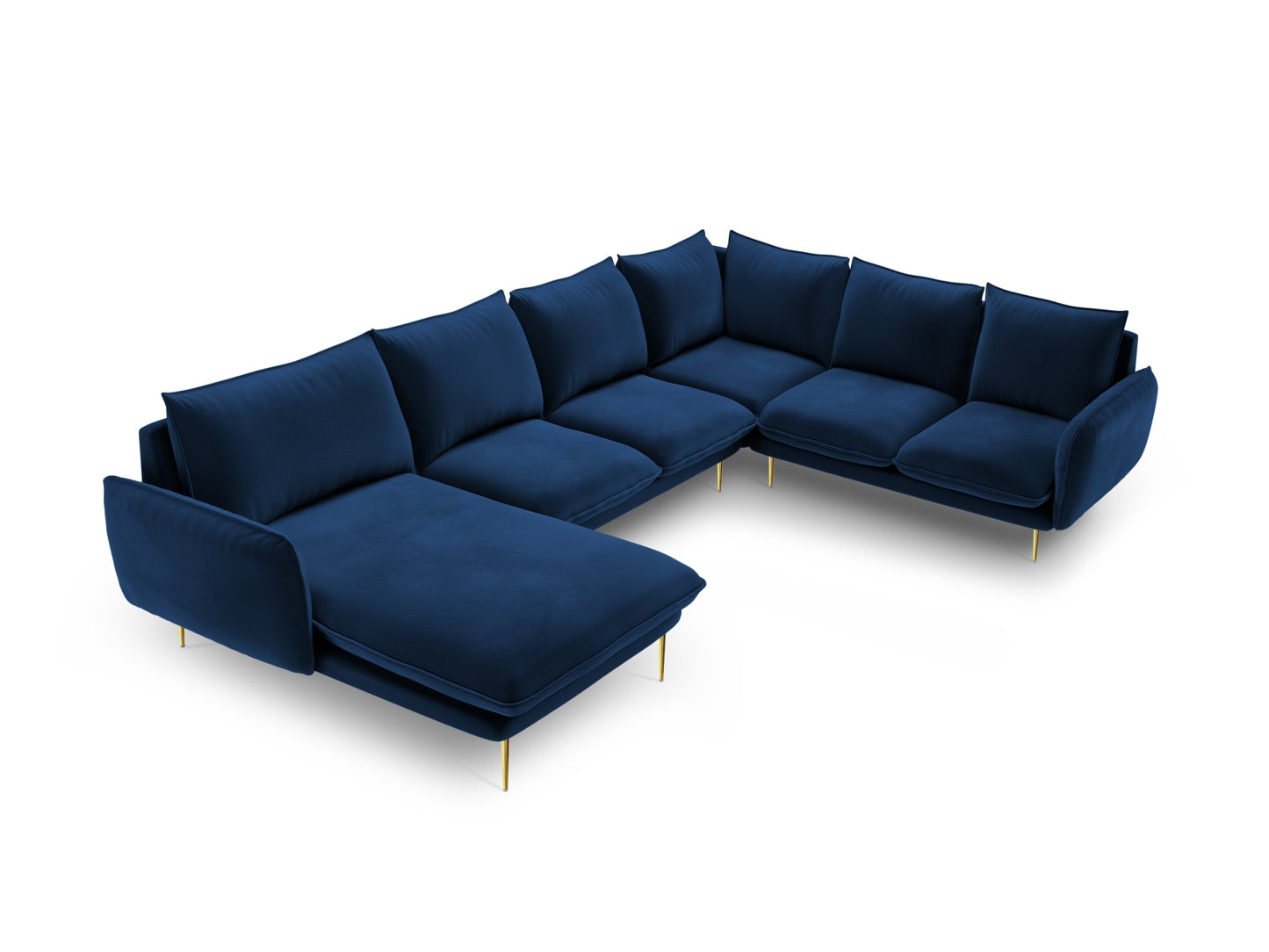 Vienna Panoramic Corner Sofa, 7 Seats, 330x235 cm — Royal Blue / Gold Metal / Right