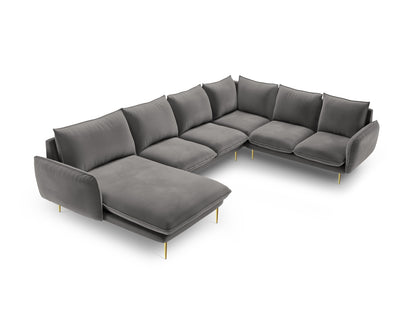 Vienna Panoramic Corner Sofa, 7 Seats, 330x235 cm — Light Grey / Gold Metal / Right