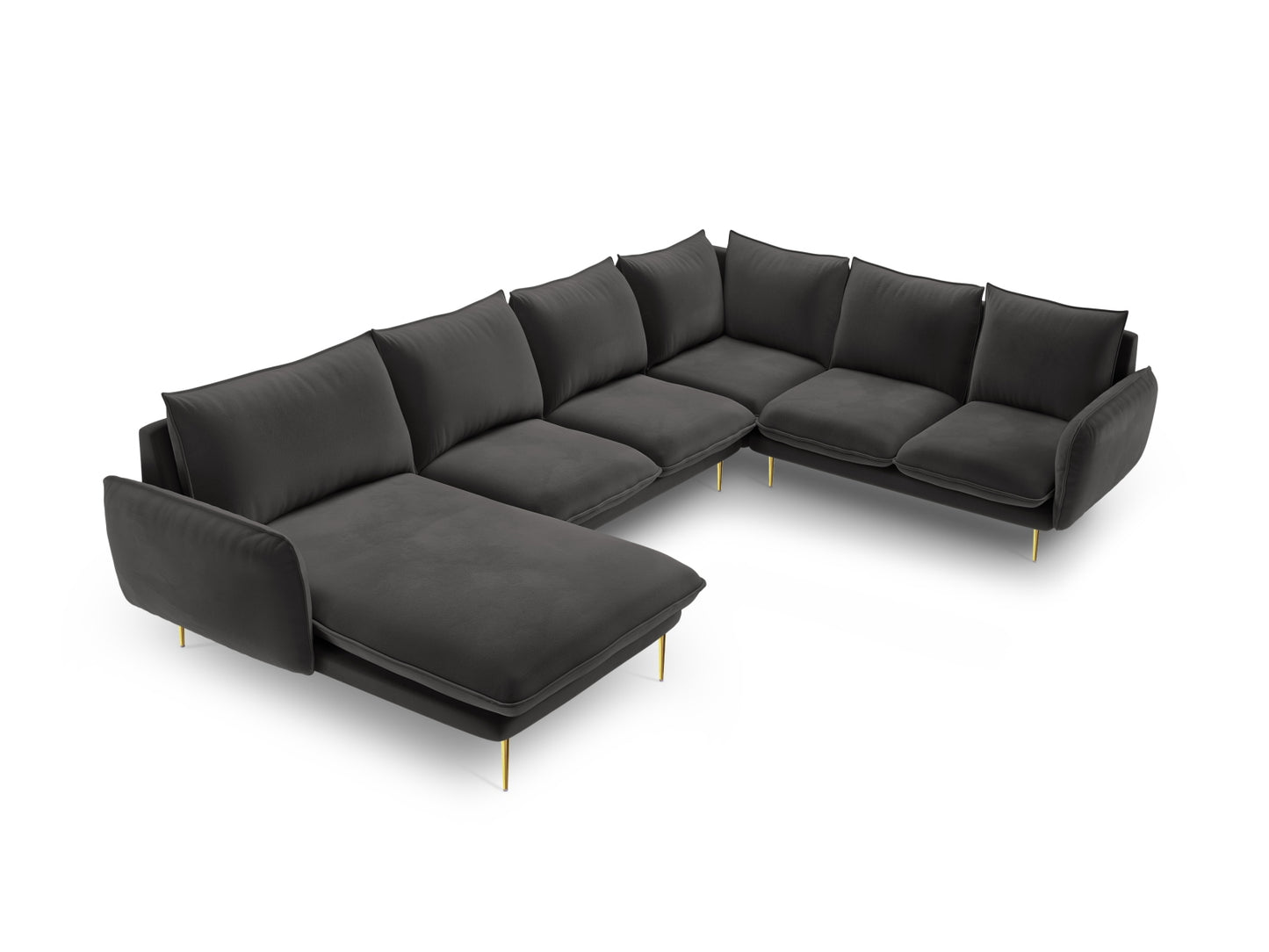Vienna Panoramic Corner Sofa, 7 Seats, 330x235 cm — Dark Grey / Gold Metal / Right