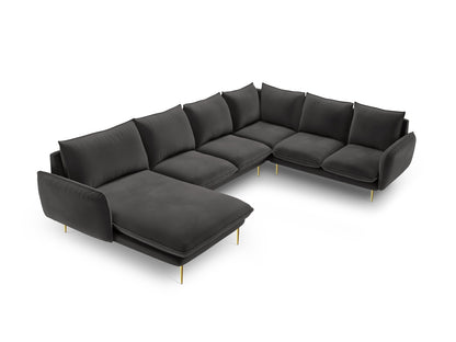 Vienna Panoramic Corner Sofa, 7 Seats, 330x235 cm — Dark Grey / Gold Metal / Right